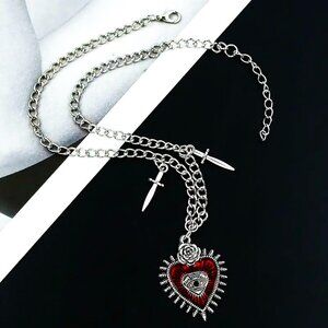 Necklace Heart Evil Eye Gypsy Rose Blood Swords Daggers Silver Chain Protect NEW